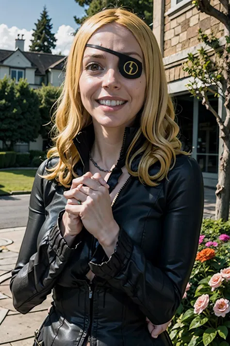 (masterpiece:1.2), portrait of MarieMjolnir, eyepatch, black shirt, blonde hair, upper body, own hands together, smile, outdoors, floral garden <lora:MarieMjolnir:1>