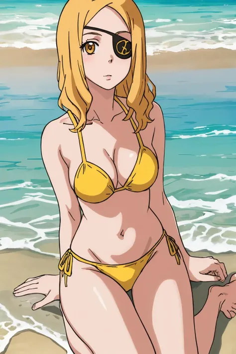 (masterpiece:1.2), MarieMjolnir, eyepatch, yellow bikini, blonde hair, <lora:10_MarieMjolnir-000007:0.7>, beach