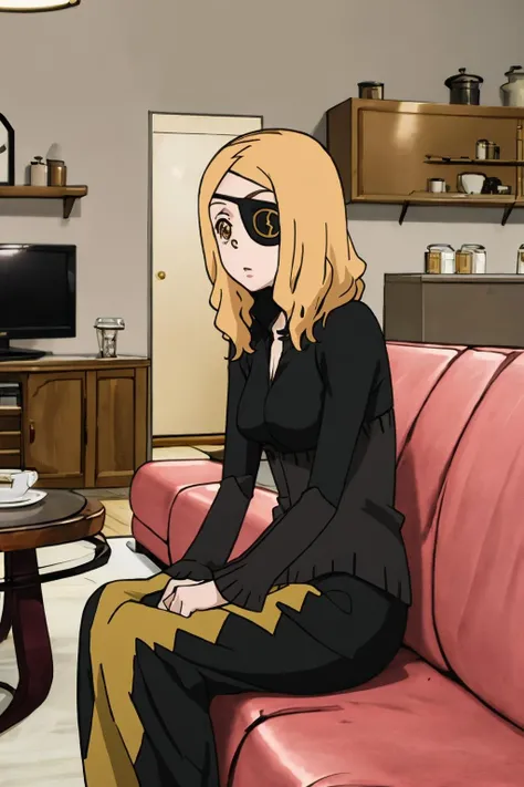 (masterpiece:1.2), MarieMjolnir, eyepatch, black shirt, long skirt, blonde hair, sitting on a couch, <lora:10_MarieMjolnir-000008:1>, living room