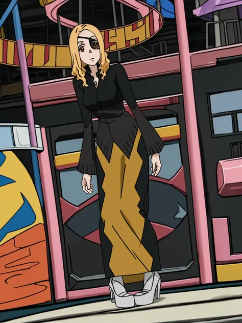 (masterpiece:1.2), MarieMjolnir, eyepatch, black shirt, long skirt, white heels, blonde hair, full body, standing, <lora:10_MarieMjolnir-000007:1>, detailed face, amusement park