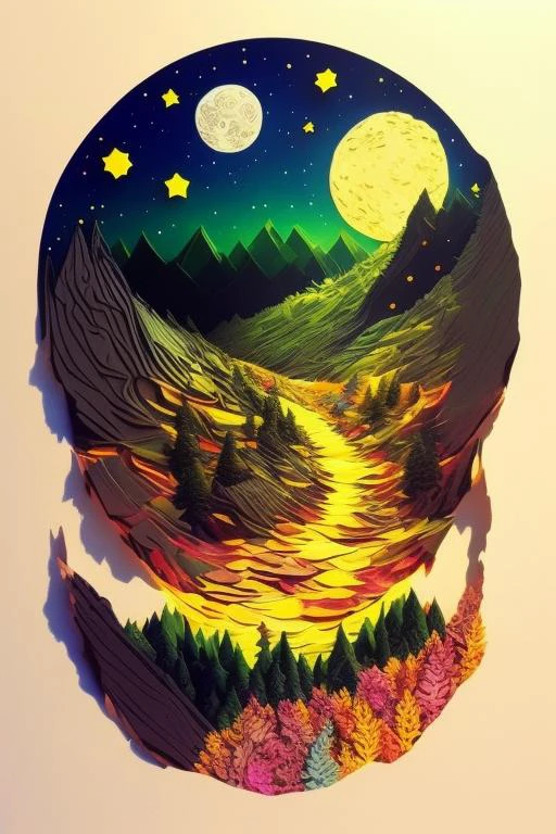 montain, forest, starry night sky ,yello full moon, intricate details,bloom flowers,van goph,rainbow