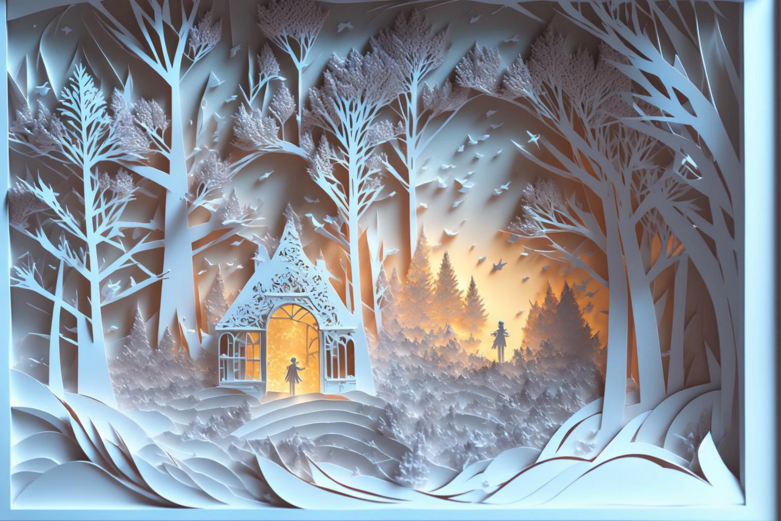 realistic, paper cut, mdjrny-pprct ,snowflakes, <lora:lightV1:1>