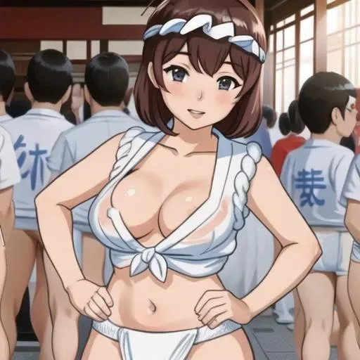 masterpiece, best quality, <lora:yamakasa:1>, y4m4k4s4, 1girl, white clothes, fundoshi, headband, mature woman, multiple people