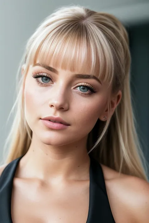 beautiful woman (blonde M1ll13G1bs0n:.99), (ponytail with bangs:1.4), ((portrait)), (closeup:1.2), ((from the waist up)), ((( A modern, minimalist hair salon, featuring sleek styling stations and a clean, professional design 1.2 ))), natural skin texture, (( Tiered dress :1.2)), 24mm, 4k textures, soft cinematic light, adobe lightroom, photolab, hdr, intricate, elegant, highly detailed, sharp focus, ((((cinematic look)))), soothing tones, insane details, intricate details, hyperdetailed, low contrast, soft cinematic light, exposure blend, hdr, faded, now, ("I've got a bad feeling about this.":1.1)