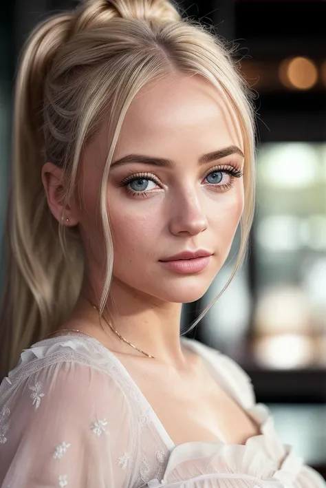 beautiful woman (blonde M1ll13G1bs0n:.99), (high ponytail :1.4), ((portrait)), (closeup:1.2), ((from the waist up)), ((( A chic, modern dessert caf, filled with a variety of colorful, artful treats 1.2 ))), natural skin texture, (( Peasant dress :1.2)), 24mm, 4k textures, soft cinematic light, adobe lightroom, photolab, hdr, intricate, elegant, highly detailed, sharp focus, ((((cinematic look)))), soothing tones, insane details, intricate details, hyperdetailed, low contrast, soft cinematic light, exposure blend, hdr, faded, now, ("I've got a bad feeling about this.":1.1)