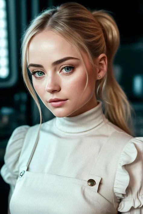 beautiful woman (blonde M1ll13G1bs0n:.99), (low ponytail :1.4), ((portrait)), (closeup:1.2), ((from the waist up)), ((( A modern floating research laboratory, conducting scientific studies and monitoring environmental conditions in bodies of water 1.2 ))), natural skin texture, (( Pinafore dress and short-sleeve turtleneck :1.2)), 24mm, 4k textures, soft cinematic light, adobe lightroom, photolab, hdr, intricate, elegant, highly detailed, sharp focus, ((((cinematic look)))), soothing tones, insane details, intricate details, hyperdetailed, low contrast, soft cinematic light, exposure blend, hdr, faded, now, ("I've got a bad feeling about this.":1.1)