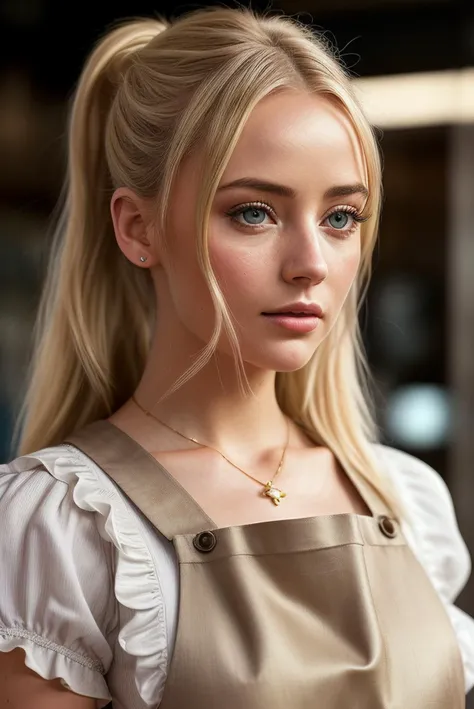 beautiful woman (blonde M1ll13G1bs0n:.99), (high ponytail :1.4), ((portrait)), (closeup:1.2), ((from the waist up)), ((( A stylish, contemporary beer garden, filled with a variety of craft beers and a relaxed, friendly atmosphere 1.2 ))), natural skin texture, (( Pinafore dress and ruffled blouse :1.2)), 24mm, 4k textures, soft cinematic light, adobe lightroom, photolab, hdr, intricate, elegant, highly detailed, sharp focus, ((((cinematic look)))), soothing tones, insane details, intricate details, hyperdetailed, low contrast, soft cinematic light, exposure blend, hdr, faded, now, ("I've got a bad feeling about this.":1.1)