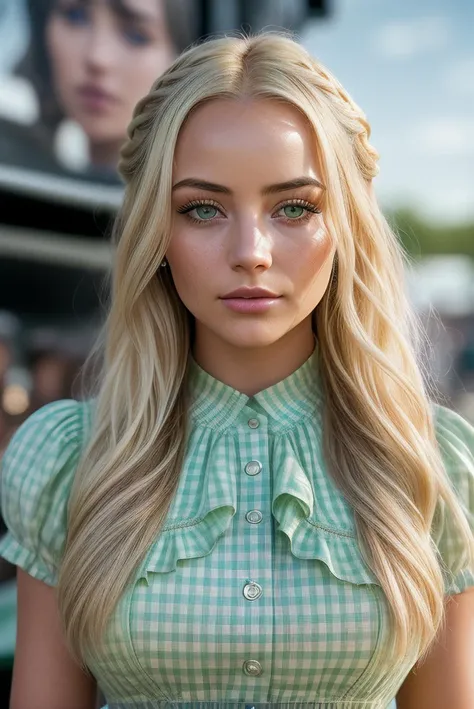 beautiful woman (blonde M1ll13G1bs0n:.99), (Half-up, half-down green twisted hairstyle:1.4), ((portrait)), (closeup:1.2), ((from the waist up)), (((  A dynamic street skatepark, designed with innovative ramps, rails, and urban art installations 1.2 ))), natural skin texture,  ((  Gingham dress :1.2)), 24mm, 4k textures, soft cinematic light, adobe lightroom, photolab, hdr, intricate, elegant, highly detailed, sharp focus, ((((cinematic look)))), soothing tones, insane details, intricate details, hyperdetailed, low contrast, soft cinematic light, exposure blend, hdr, faded, now, ("I've got a bad feeling about this.":1.1)