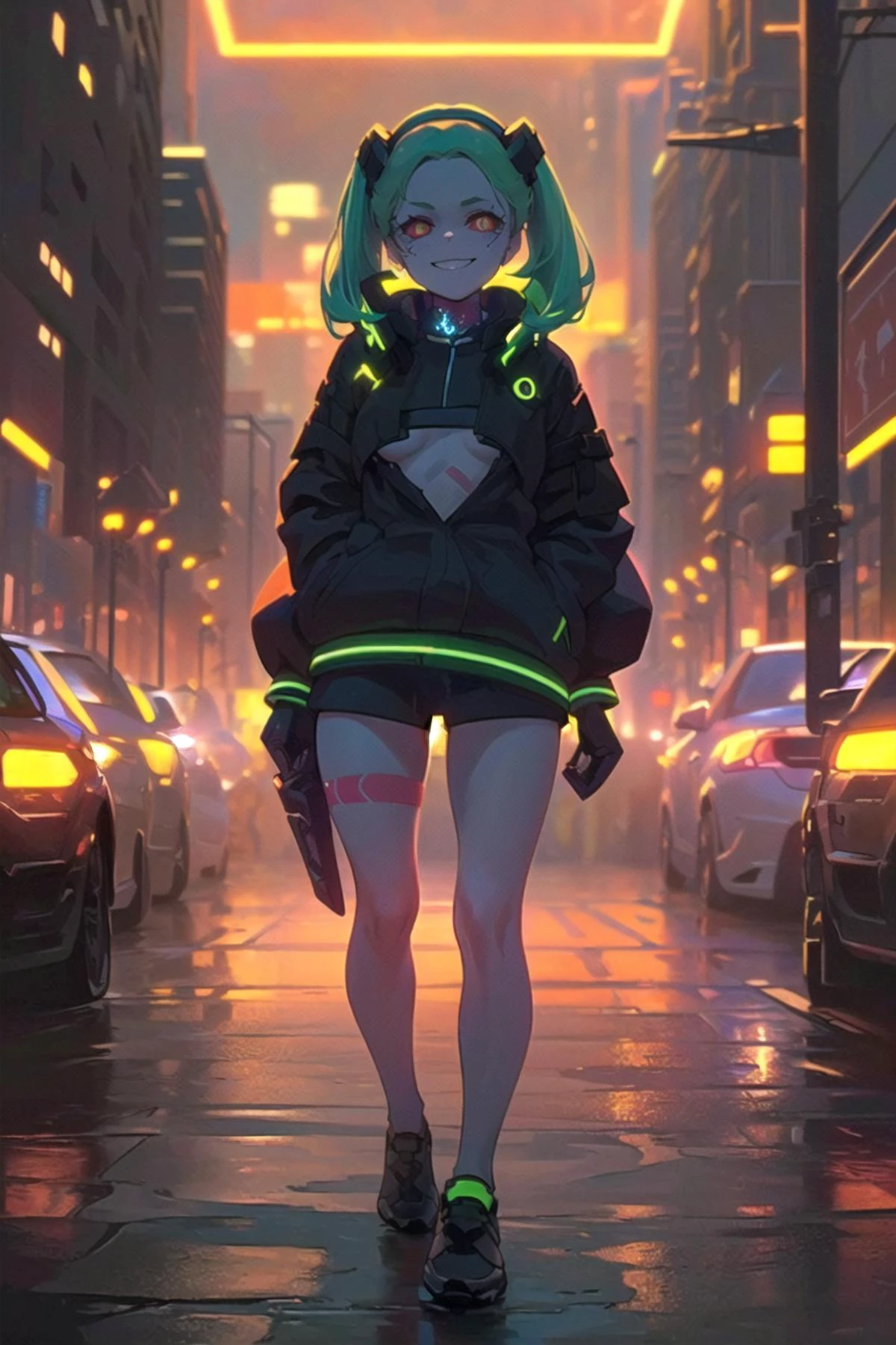 masterpiece, best quality, ultra-detailed, illustration, epic lighting, cinematic composition, 1girl, cute, red sclera,red pupils, cyborgunder, tattoo, green hair, colored skin, small breasts, black jacket, standing, legs apart, enchanting gaze, captivating pose, upper body:1.1, looking at viewer, smirk, closed mouth, outdoors, city, cyberpunk, neon lights, street, (night, dark, darkness, pitch black, shadows:1.4), (8k:1.1), <lora:Rebeccacyberpunk edgerunners,:1>