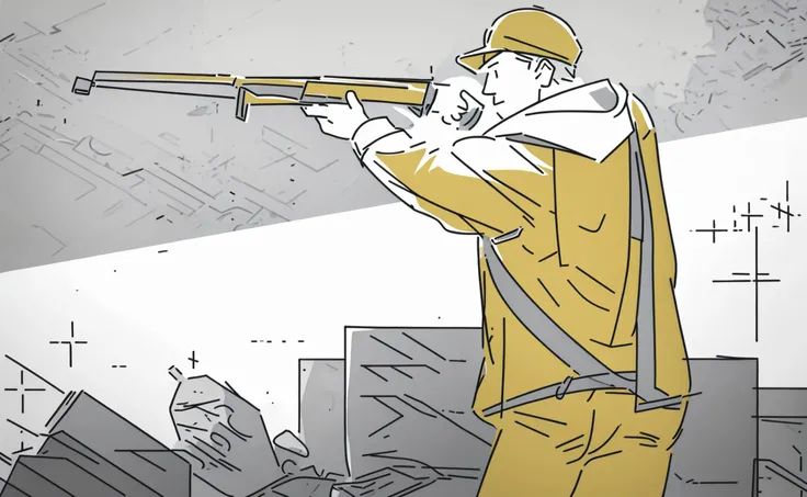 <lora:Japanese_style_Minimalist_Line_Illustrations:1> a man with a weapon ready to conflict