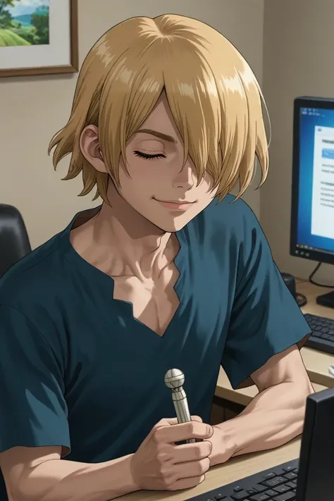 score_9, score_8_up, score_7_up, source_anime, rating_safe, intricate details, semi-realistic, , , 1boy, solo, male focus, <lora:ginrou_dr_stone_pony:0.88>, ginrou_dr_stone, blonde hair, green eyes, short hair, hair over one eye, focused, bedroom, computer monitor, dawn, holding object, (closed eyes:1.2), smile, , <lora:sdxl_lightning_8step_lora:1>