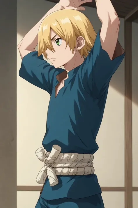 score_9, score_8_up, score_7_up, , rating_safe, , semi-realistic, , , 1boy, solo, male focus, <lora:ginrou_dr_stone_pony:0.76>, ginrou_dr_stone, blonde hair, green eyes, short hair, hair over one eye, from side, sahara desert, indoors, light, arms above head, squinting, , <lora:sdxl_lightning_8step_lora:1>