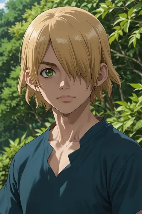 score_9, score_8_up, score_7_up, source_anime, rating_safe, , semi-realistic, looking at viewer, depth of field, 1boy, solo, male focus, <lora:ginrou_dr_stone_pony:0.9>, ginrou_dr_stone, blonde hair, green eyes, short hair, hair over one eye, , short sleeve shirt,, <lora:sdxl_lightning_8step_lora:1>