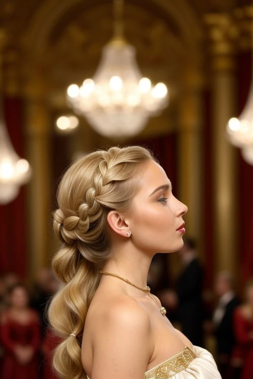 women russian, blonde hair, Frauen of Russia, vintage expensive dress, deep neckline, short hair, russian palace, wide skirt, long skirt, Straight parting, Curled curls at the temples, Luxuriously styled hair at the beginning of the century, Smoothly combed strands in the second half, Voluminous tufts on the back of the head, Neatly arranged braids, An open forehead and an open neck, ((fullview woman)), French braid