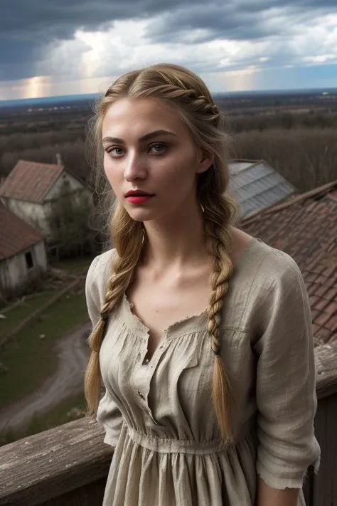 ((beautiful_woman)), (((slavonic_woman_students))), blonde, (((18 yo))), ((linen old leaky dress)), ((tattered simple vintage dress)), ((small nose)),  sexy pose, muscular, ((thin lipstick)), ((beautiful face)), ((thin eyebrows)), braid, wave hair, sky, ((dark)), beautiful_eyes, photorealistic, (((professional lighting))), light on face, depth of field,((thunderclouds)), ((ruined old house)), ((bright light from above))