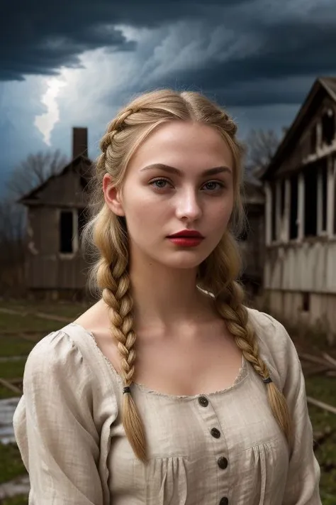 ((beautiful_woman)), (((slavonic_woman_students))), blonde, (((18 yo))), ((linen old leaky dress)), ((tattered simple vintage dress)), ((strict look)), ((small nose)),  sexy pose, muscular, ((thin lipstick)), ((beautiful face)), ((thin eyebrows)), braid, wave hair, sky, ((night)), beautiful_eyes, photorealistic, (((professional lighting))), light on face, depth of field,((thunderclouds)), ((ruined old house)),