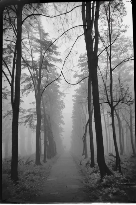 bw_kiev, polaroid: a foggy forrest, old trees, a lot of leafs