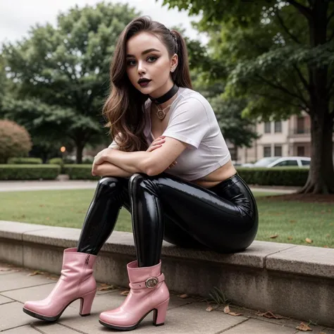 <lora:marnie by Goofy Ai:1> (marnie pokemon, black hair, medium hair,black choker), (black lipstick), (photoshoot), (beautiful park), (black plain t-shirt, black latex leggings, pink boots)