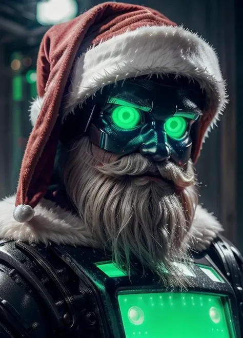 dark theme, nvg, ((aged up, old man, old)),goggles on head, goggles, green eyes, glowing, glowing eyes, military uniform,camouflage jacket ,bulletproof vest, santa hat, santa costume, santa dress, ((beard, white beard)), big beard, red nose ,snow, bag <lora:NVG-10:0.8> <lora:LowRA:0.5>