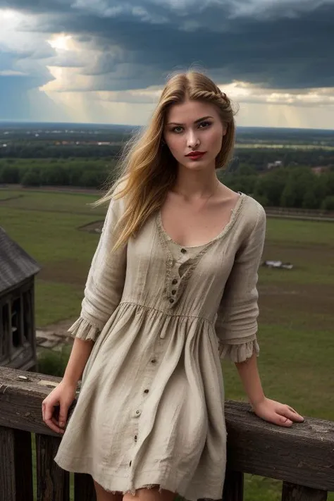 ((beautiful_woman)), (((slavonic_woman_students))), blonde, (((18 yo))), ((linen old leaky dress)), ((tattered simple vintage dress)), ((small nose)), sexy pose, muscular, ((thin lipstick)), ((beautiful face)), ((thin eyebrows)), braid, wave hair, sky, ((dark)), beautiful_eyes, photorealistic, (((professional lighting))), light on face, depth of field,((thunderclouds)), ((ruined old house)), ((bright light from above))
