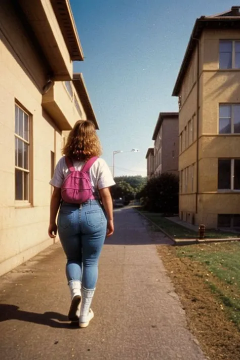 a photo from the 1990's, view from the back of a beautiful curvy girl walking to
school , vhs quality