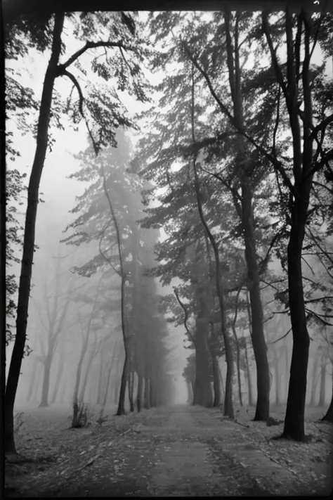 bw_kiev, polaroid: a foggy forrest, old trees, a lot of leafs