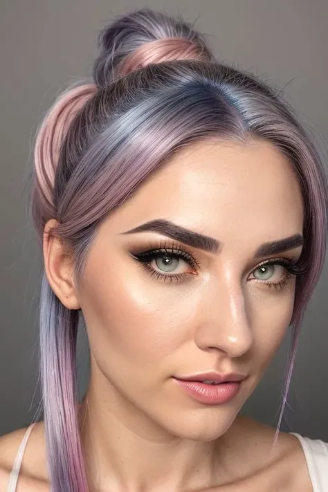 1girl, solo, ((light grey eyes)), ((two-toned hair:1.4), (gradient hair:1.2) (blue hair) fading to (pink hair), ((ponytail))), (bright, clear eyes), (enhanced eyelashes), (mascara:1.25), (bold brown eyebrows:1.12), (eyeliner:1.26), (smokey eyeshadow:1.35), (blush:1.23), (bright red lips:1.4), (lipgloss:1.3), ((lush lips)), (prominent cheekbones:1.3), (large breasts:1.7), ((realistic nipples)), ((soft, smooth skin)), (aroused:1.73), (half grin:1.3), (((wearing jeans, oversized t-shirt))), walking by boardwalk shops, beach boardwalk, (sunset:1.65), depth of field, bokeh, perfect illumination, best rendering, perfect lighting, ultra realistic, realism, 4K, high definition, hyper resolution, (high camera angle:1.4)