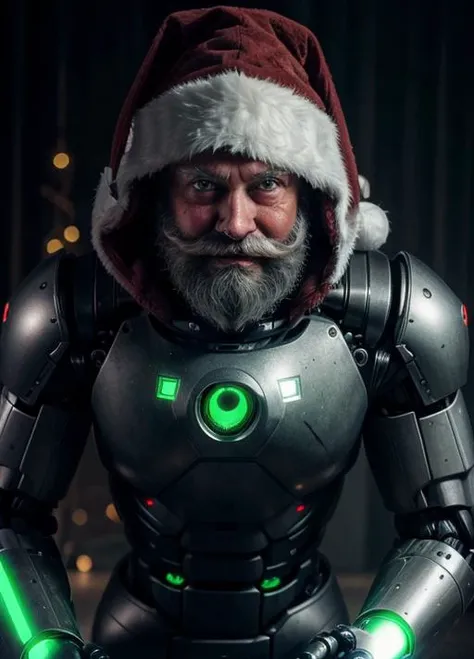<lora:SDXLrender_v2.0:0.45><lora:quiron_Chritsmas_v1_lora:0.6>cybersanta, glowing eyes, green eyes, (half robot face:1.2), Half Man, Half Robot