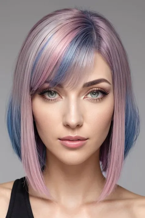 Closeup headshot, 1girl, solo, ((light grey eyes)), ((two-toned hair:1.4), (gradient hair:1.2) (blue hair) fading to (pink hair)), (dynamic hairstyle:1.45), (bright, clear eyes), (enhanced eyelashes), (mascara:1.25), (bold brown eyebrows:1.12), (eyeliner:1.26), (smokey eyeshadow:1.35), (blush:1.23), (bright red lips:1.4), (lipgloss:1.3), ((lush lips)), (prominent cheekbones:1.3), (large breasts:1.7), ((realistic nipples)), ((soft, smooth skin)), (aroused:1.73), (half grin:1.3), (dynamic casual clothes:1.45), simple background, studio lighting, perfect illumination, best rendering, perfect lighting, ultra realistic, realism, 4K, high definition, hyper resolution, (dynamic angle:1.4)