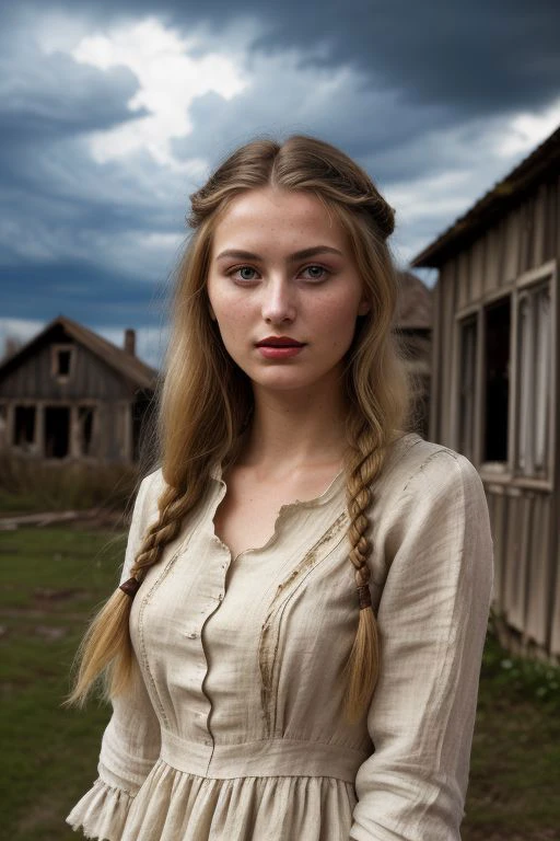 ((beautiful_woman)), (((slavonic_woman_students))), blonde, (((18 yo))), ((linen old leaky dress)), ((tattered simple vintage dress)), ((small nose)), sexy pose, muscular, ((thin lipstick)), ((beautiful face)), ((thin eyebrows)), braid, wave hair, sky, ((dark)), beautiful_eyes, photorealistic, (((professional lighting))), light on face, depth of field,((thunderclouds)), ((ruined old house)),