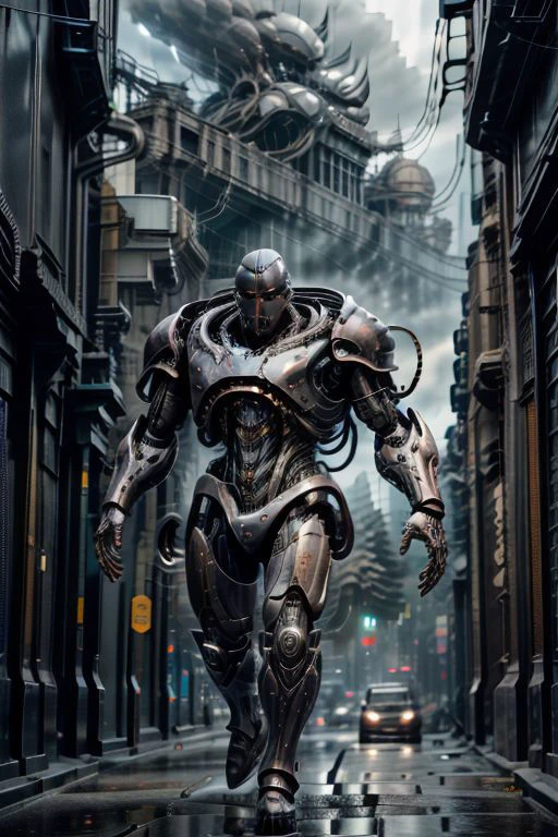<lora:_20230817195914>,
<lora:mdhuo1>,
<lora:l>,
heavy battle cyborg with very thick wolf heavy armor and led light strings under exoskeleton, running down streets of a war zone in rome