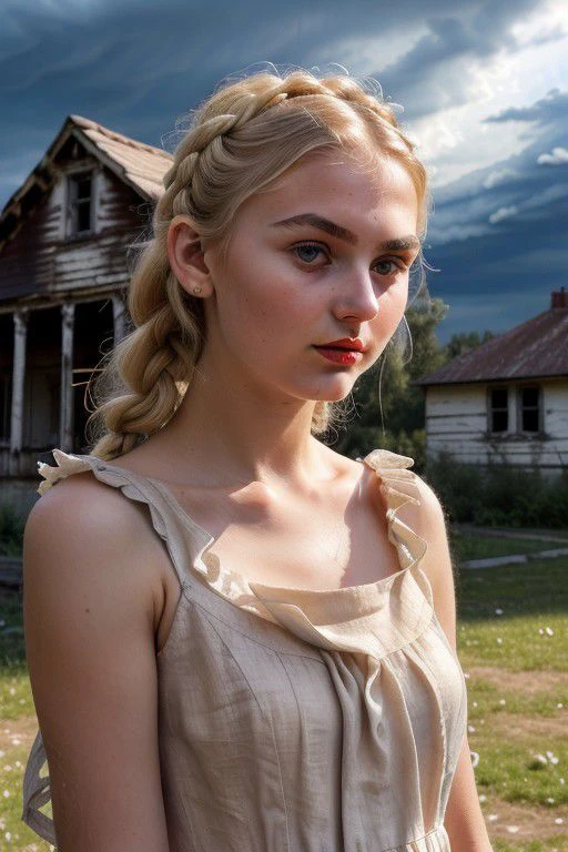 ((beautiful_woman)), (((slavonic_woman_students))), blonde, (((18 yo))), ((linen old leaky dress)), ((tattered simple vintage dress)), ((small nose)), sexy pose, muscular, ((thin lipstick)), ((beautiful face)), ((thin eyebrows)), braid, wave hair, sky, ((night)), beautiful_eyes, photorealistic, (((professional lighting))), light on face, depth of field,((thunderclouds)), ((ruined old house)),