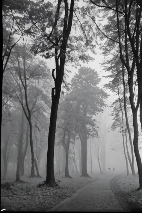 bw_kiev, polaroid: a foggy forrest, old trees, a lot of leafs
