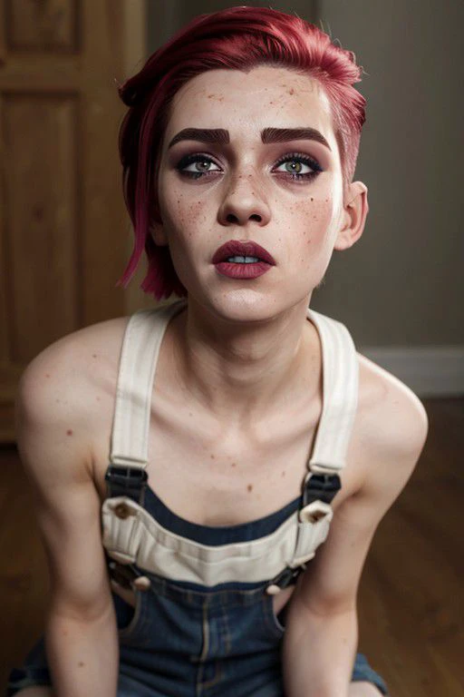 (masterpiece, best quality, absurdres, 4k, aesthetic, detailed, intricate), close up, white trash, tomboy, crew cut hair, red hair, freckles, skinny, overalls, boots, shirtless, kneeling, looking up, high angle view, lipstick, eyeshadow, mascara, tongue out, eyes crossed, medium breasts, adult, 20 years old, crying, ruined makeup,