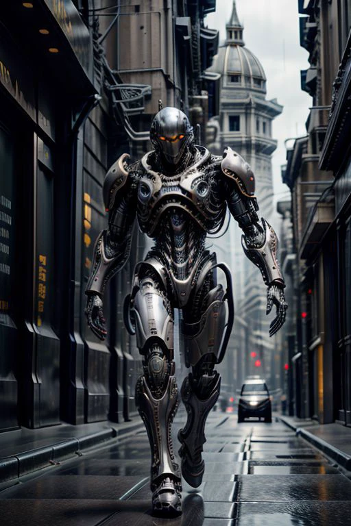 <lora:_20230817195914>,
<lora:mdhuo1>,
<lora:l>,
heavy battle cyborg with very thick wolf heavy armor and led light strings under exoskeleton, running down streets of a war zone in rome