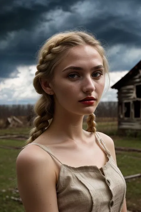 ((beautiful_woman)), (((slavonic_woman_students))), blonde, (((18 yo))), ((linen old leaky dress)), ((tattered simple vintage dress)), ((strict look)), ((small nose)), sexy pose, muscular, ((thin lipstick)), ((beautiful face)), ((thin eyebrows)), braid, wave hair, sky, ((night)), beautiful_eyes, photorealistic, (((professional lighting))), light on face, depth of field,((thunderclouds)), ((ruined old house)),