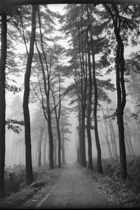 bw_kiev, polaroid: a foggy forrest, old trees, a lot of leafs