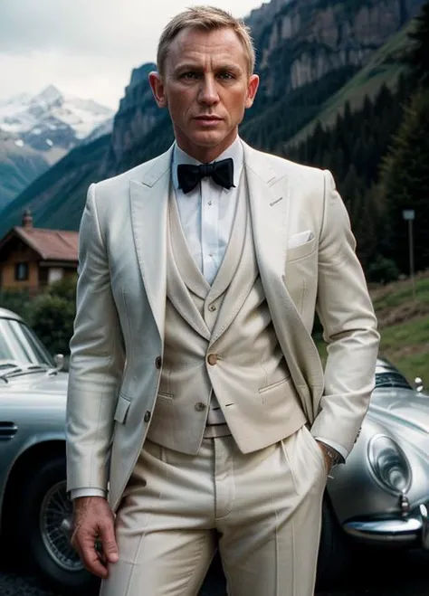 <lora:007DanielCraig_v10:1.0>award winning (portrait photo:1.4) of a handsome man, 007danielcraig, dressed in a white suit, standing beside a silver Aston Martin DB5 car, Swiss Alps (shallow depth of field:1.3), by lee jeffries nikon d850 film stock photograph 4 kodak portra 400 camera f1.6 lens rich colors hyper realistic lifelike texture dramatic lighting unreal engine trending on artstation cinestill 800 (vignette:1.3), filmgrain,  shallow depth of field, blurred background