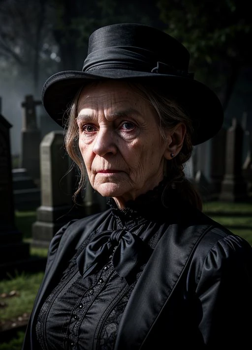 Style-Widow_SD2, photo realistic, ultra details, ultra detailed portrait of an old Victorian woman in a dark cemetery, sinister, evil, volumetric fog, Hyperrealism, breathtaking, ultra realistic, ultra detailed, cinematic lighting, highly detailed, breathtaking, photography, stunning environment, wide-angle