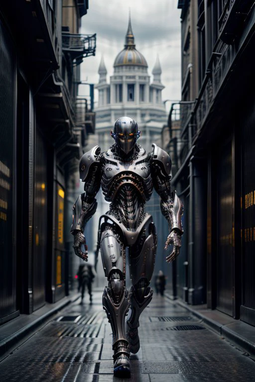 <lora:_20230817195914>,
<lora:mdhuo1>,
<lora:l>,
heavy battle cyborg with very thick wolf heavy armor and led light strings under exoskeleton, running down streets of a war zone in rome