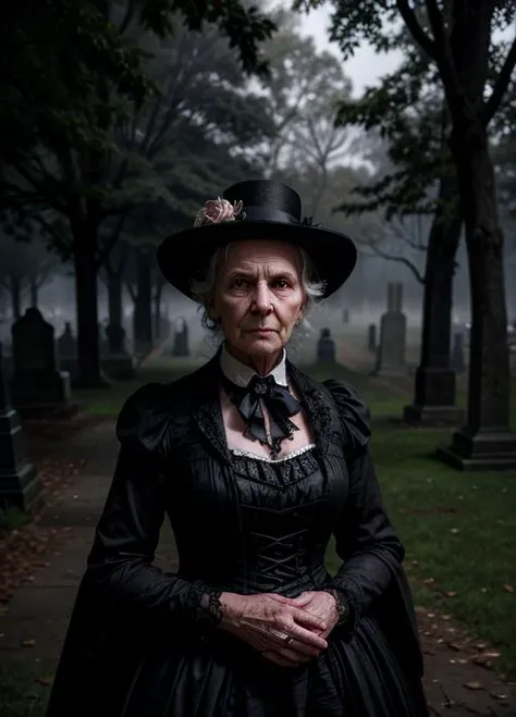 Style-Widow_SD2, photo realistic, ultra details, ultra detailed portrait of an old Victorian woman in a dark cemetery, sinister, evil, volumetric fog, Hyperrealism, breathtaking, ultra realistic, ultra detailed, cinematic lighting, highly detailed, breathtaking, photography, stunning environment, wide-angle
