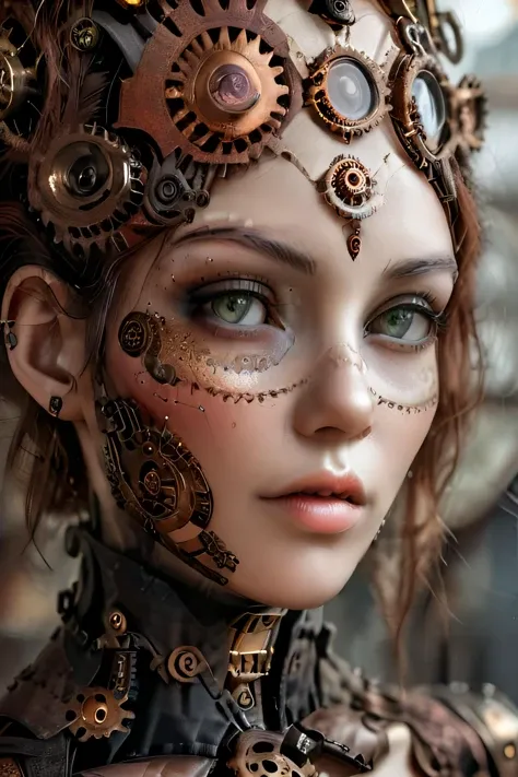 close up,  <lora:Cognifique:1> cogstyle, stunningly beautiful android  woman with skin made from small cogs, detail eyes, steampunk victorian bedroom <lora:add-detail-xl:1> <lora:SteampunkXL_V1:1> steampunk