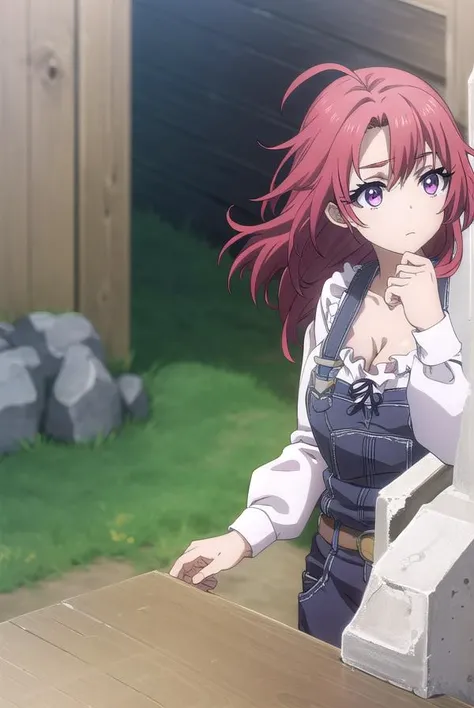cowgirl, <lyco:cowgirls2-lyco-nochekaiser:1>,
cow girl, ahoge, red hair, (purple eyes:1.1), short hair,
BREAK cleavage, collarbone, frills, long sleeves, overalls, suspenders,
BREAK outdoors, farm,
BREAK looking at viewer, (cowboy shot:1.5),
BREAK <lyco:GoodHands-beta2:1>, (masterpiece:1.2), best quality, high resolution, unity 8k wallpaper, (illustration:0.8), (beautiful detailed eyes:1.6), extremely detailed face, perfect lighting, extremely detailed CG, (perfect hands, perfect anatomy),