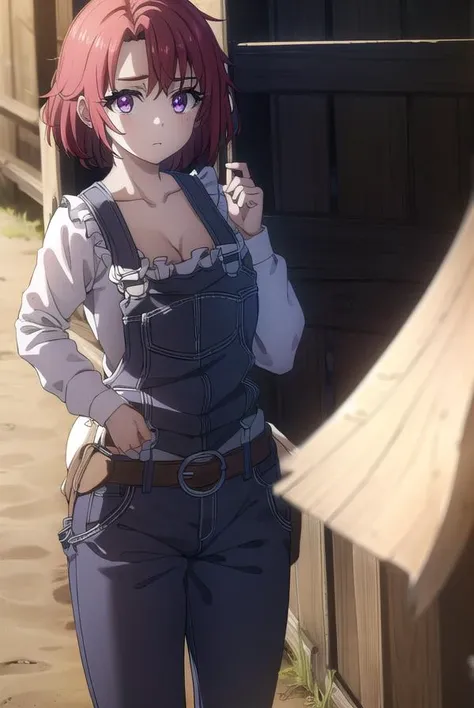 cowgirl, <lyco:cowgirls2-lyco-nochekaiser:1>,
cow girl, ahoge, red hair, (purple eyes:1.1), short hair,
BREAK cleavage, collarbone, frills, long sleeves, overalls, suspenders,
BREAK outdoors, farm,
BREAK looking at viewer, (cowboy shot:1.5),
BREAK <lyco:GoodHands-beta2:1>, (masterpiece:1.2), best quality, high resolution, unity 8k wallpaper, (illustration:0.8), (beautiful detailed eyes:1.6), extremely detailed face, perfect lighting, extremely detailed CG, (perfect hands, perfect anatomy),