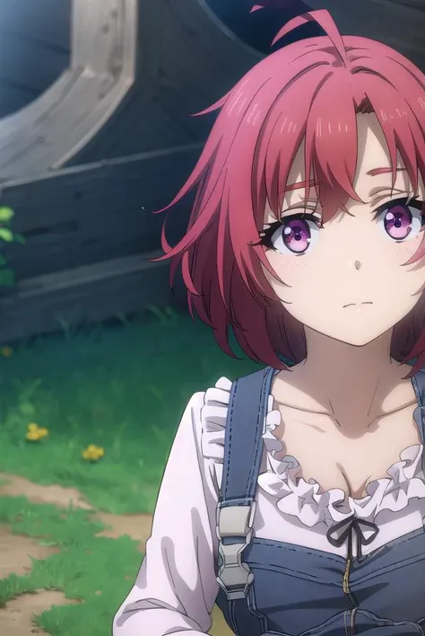 cowgirl, <lyco:cowgirls2-lyco-nochekaiser:1>, 
cow girl, ahoge, red hair, (purple eyes:1.1), short hair,
BREAK cleavage, collarbone, frills, long sleeves, overalls, suspenders,
BREAK outdoors, farm,
BREAK looking at viewer, (cowboy shot:1.5),
BREAK <lyco:GoodHands-beta2:1>, (masterpiece:1.2), best quality, high resolution, unity 8k wallpaper, (illustration:0.8), (beautiful detailed eyes:1.6), extremely detailed face, perfect lighting, extremely detailed CG, (perfect hands, perfect anatomy),
