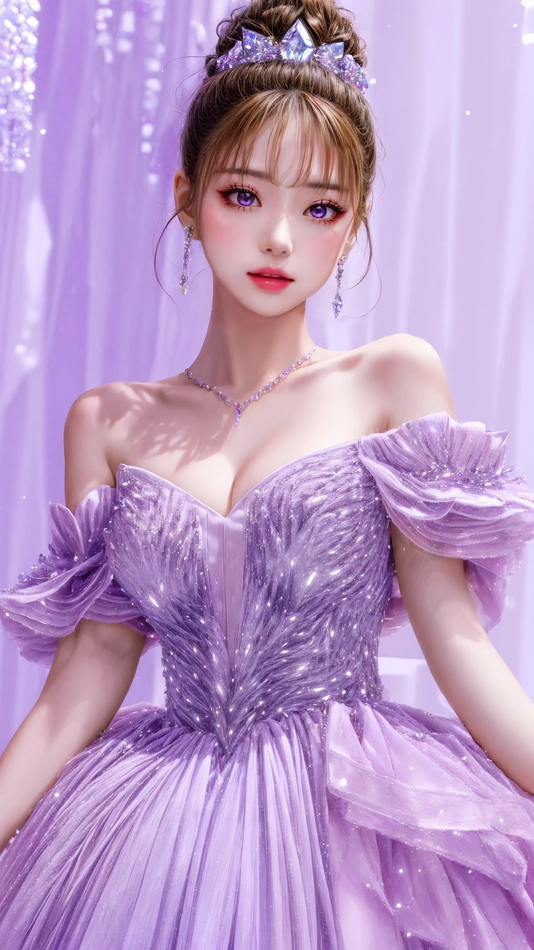 masterpiece, best quality, highres, 1girl wearing Swarovski styled clothing, crystal on clothes, young factional fashion, <lora:more_details:1> <lora:Crystal-fC-V1:0.3>, purple theme, <lora:weddingdress:0.6>, <lora:koreanDollLikeness:0.4>, excellent head to shoulder ratio
