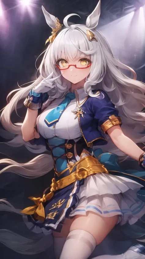 <lora:add_detail:0.8>,
(8k, masterpiece, best quality, high resolution, super fine illustration:1.2), (beautiful detailed eyes:1.2),
1girl, solo, cowboy shot, happy, smile, stage, stage lights, on stage, concert, glowstick, idol, screen, spotlight
<lora:hayahide_locon_v01:1> hayahide,
(semi-rimless eyewear, under-rim eyewear, red-framed eyewear:1.1),
berry long white hair, yellow eyes, horse ears, gold ear ornament, horse tail, ahoge,
<lora:glorious azure:1:lbw=ware> (glorious azure), white gloves, short sleeves, blue necktie, short necktie, blue jacket,
cropped jacket, white thighhighs, white footwear, white shirt, collared shirt, pleated skirt, white skirt, dress, belt,