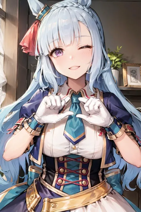 best quality,masterpiece, high res,original, beautiful detailed eyes,ultra-detailed, (glorious azure), mejiro ardan \(umamusume\), 1girl, solo, short sleeves, blue necktie, short necktie, blue jacket, cropped jacket, shirt, collared shirt, dress, looking at viewer, smile, breasts, standing, upper body, cowboy shot, head_tilt, (heart hands:1.5), heart-shaped boob challenge, heart, moe moe kyun!, heart_gesture, finger_heart, one eye closed
<lora:glorious azure:0.9> <lora:mejiro_ardan:0.8:MIDD>