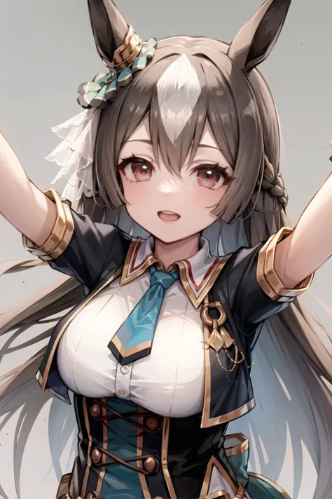 best quality,masterpiece, high res,original, beautiful detailed eyes,ultra-detailed, (glorious azure), satono diamond \(umamusume\), 1girl, solo, short sleeves, blue necktie, short necktie, blue jacket, cropped jacket, shirt, collared shirt, dress, looking at viewer, smile, breasts, standing, from above, hug, pov, upper body, cowboy shot, outstretched arms, spread arms,
<lora:glorious azure:0.9> <lora:satono_diamond_lora-000005:0.7:MIDD>