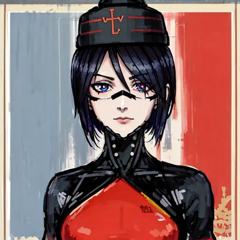 nixeu_basic2:0.7, (wlop, nixeu, semi-realistic, bochen, anime, masterpiece, highres, ultra detailed), ((black hair, 1girl, solo, Elster, Black Bodysuit, Red bodysuit)), red pupils, blue eyes, facial_marking, (closeup), frown, ((soviet propaganda poster, soviet_officer_hat)), white stars <lora:Elster:0.85>